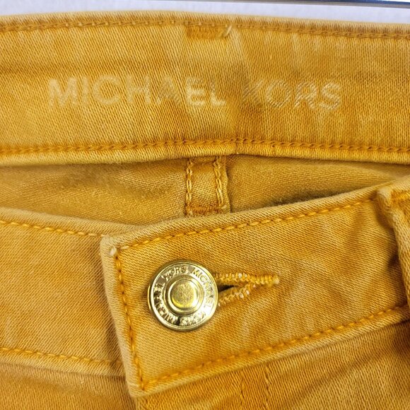 Michael Kors IZZY Jeans Y2K Mustard Gold Metal Logo Skinny Size 4 - Picture 3 of 10